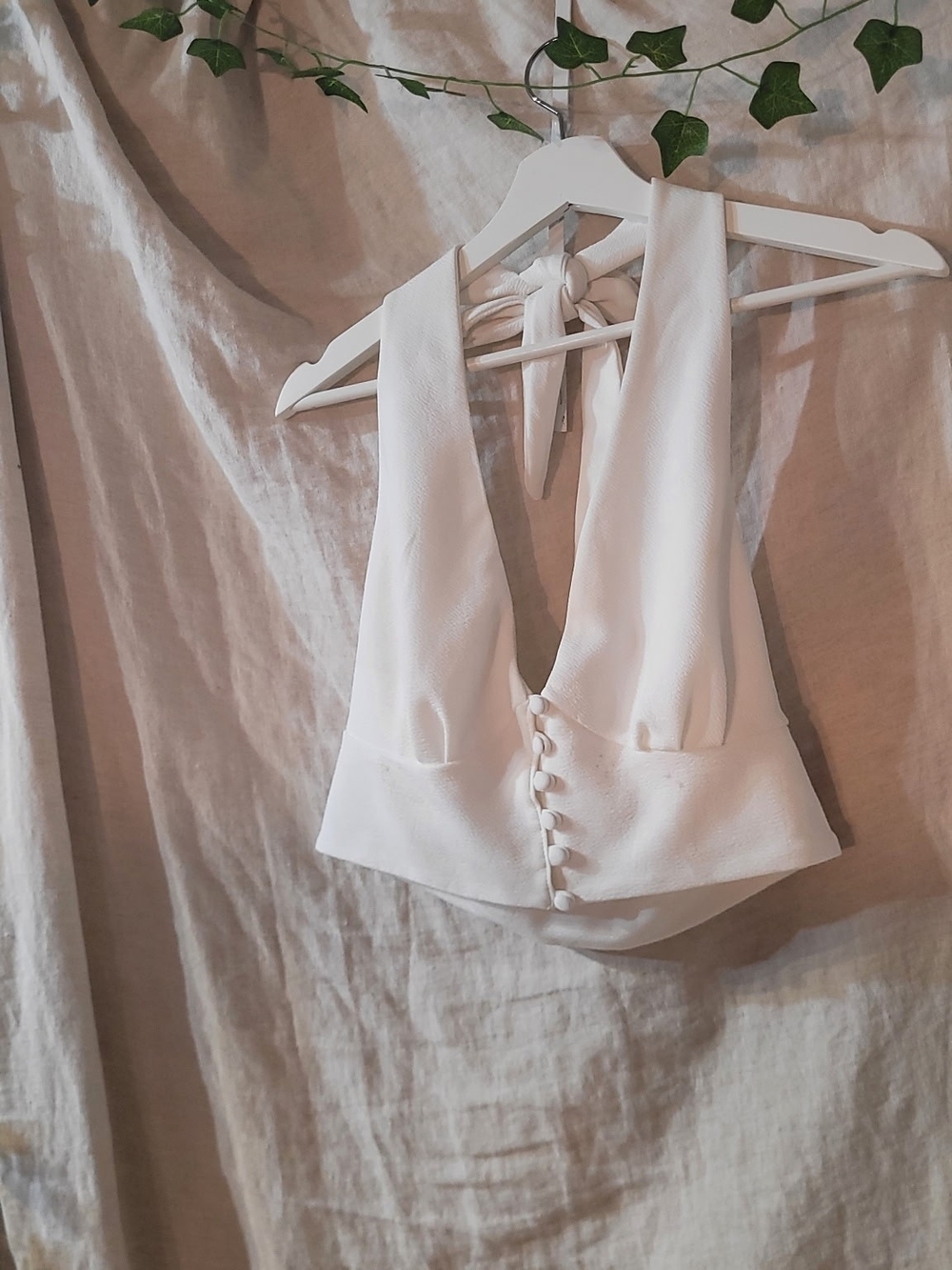 White  Halter Crop Top With Button Accent